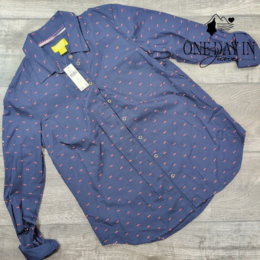 Maeve Anthropologie Embroidered Dot Button Down Shirt Navy Blue NWT Size 4
